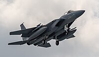 A US Air Force F-15C Eagle, tail number 85-0120, on final approach at Kadena Air Base in Okinawa, Japan. It is assigned to the 44th Fighter Squadron at Kadena AB.