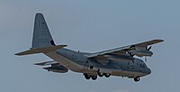 A United States Marine Corps KC-130J, registration number 169535, on final approach at Kadena Air Base in Okinawa, Japan. The aircraft belongs to VMGR-152 at Marine Corps Air Station Iwakuni.