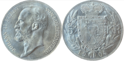 Silver coin: 5 kronen of Liechtenstein, 1904, the front of the coin is a portrait of Johann II 5 kronen Johann II of Liechtenstein 1904.png