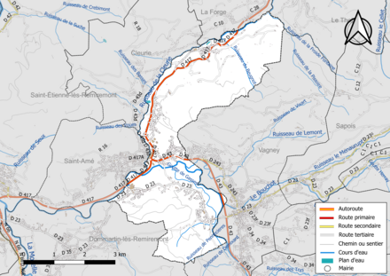 Carte en couleur présentant le réseau hydrographique de la commune