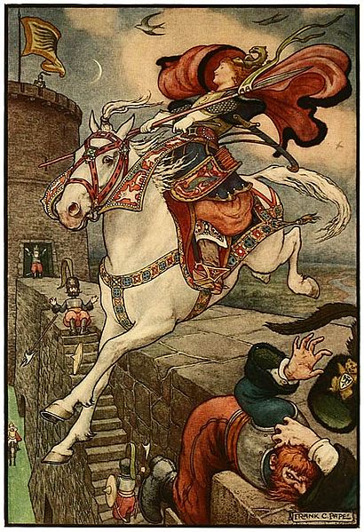 File:9 She put her good steed to the walls the leapt lightly over them - Russian Fairy Book 1916, illustrator Frank C Pape.jpg