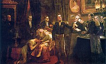 A painting showing a crowded room in which a uniformed man hands a sheaf of papers to another uniformed man while in the background a weeping woman sits in an armchair holding a young boy before whom a woman kneels
