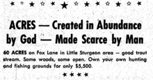 Adge from a 1970 real estate ad in the Door County Advocate. In 2019 figures, real estate and leasing was the largest sector of the county's economy. Acres made scarce advertisement Door County Advocate 1970.tif