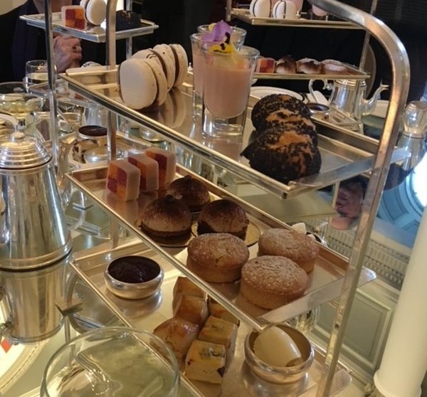 Afternoon tea on a silver serving tower at a Hotel in Edinburgh