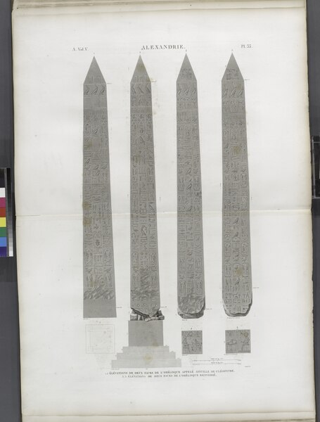 File:Alexandrie (Alexandria). 1.2. Élévations de deux faces de l'obélisque appellé Aiguille de Cléopatre; 3-5. Élévations de deux faces de l'obélisque renversé (NYPL b14212718-1268201).tiff