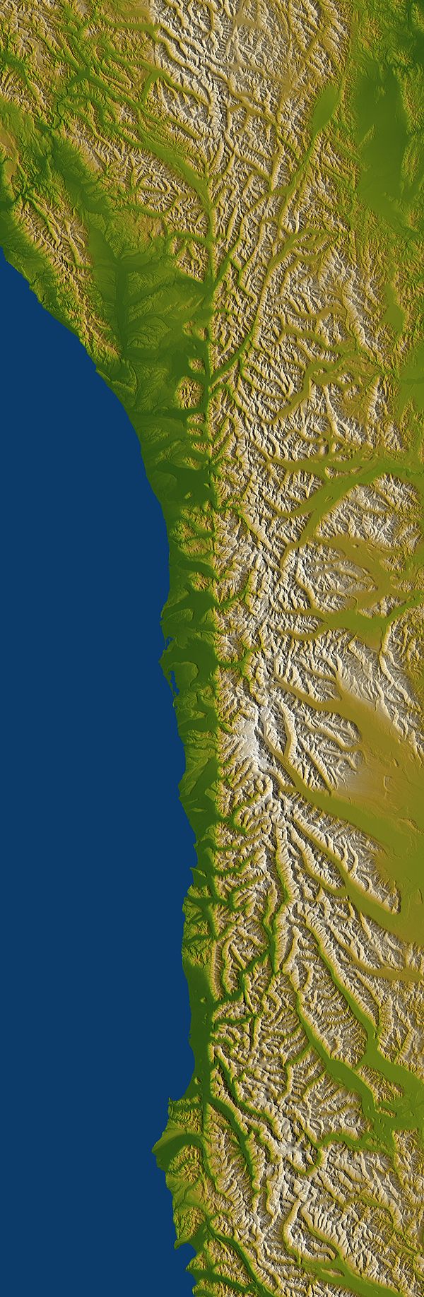 Shaded and colored image from the Shuttle Radar Topography Mission—shows an elevation model of New Zealand's Alpine Fault running about 500 km (300 mi