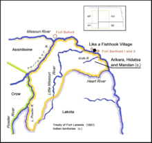 Arikara, Hidatsa and Mandan Indian territory, 1851. Like-a-Fishhook Village, Fort Berthold I and II and military post Fort Buford, North Dakota. The village was outside the treaty territory. Arikara, Hidatsa and Mandan territory, 1851. Like a Fishhook Village, Fort Berthold I and II and Fort Buford.png