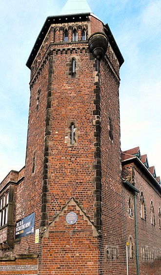 The Stockport Armoury was built in 1862 as the drill hall of the 4th Administrative Brigade of Cheshire RVCs, later the 6th Battalion, Cheshire Regiment. Armoury Tower (geograph 3818645).jpg