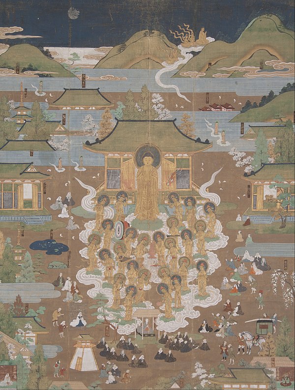 Amitābha welcomes Chūjō-hime to the Western Paradise.Japan, 16th century.
