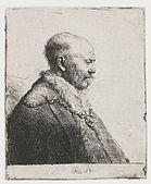 Bald-headed Old Man: Profile Facing right; the Artist’s Father (?) label QS:Len,"Bald-headed Old Man: Profile Facing right; the Artist’s Father (?)" label QS:Lnl,"Kaalhoofdige oude man: profiel naar rechts; de vader van Rembrandt (?)" . 1630. etching print, state ii/iii. 11.8 × 9.7 cm (4.6 × 3.8 in). Various collections.