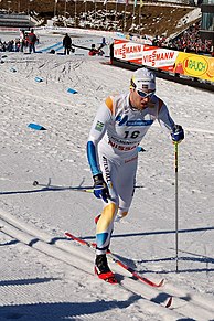 Swedish cross-country ski racer on a track set by machine in 2007.