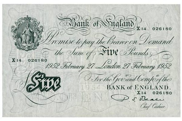 Series A Bank of England £5 note, issued in 1952