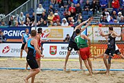 Deutsch: Beachhandball Europameisterschaften 2019 (Beach handball Euro); Tag 6: 7. Juli 2019 – Spiel um Platz Drei, Männer, Ungarn-Russland 2:0 (26:20, 23:22) English: Beach handball Euro; Day 6: 7 July 2019 – Men's Bronze Medal Match – Hungary-Russia 2:0 (26:20, 23:22)