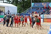 Deutsch: Beachhandball Europameisterschaften 2019 (Beach handball Euro); Tag 6: 7. Juli 2019 – Spiel um Platz Drei, Männer, Ungarn-Russland 2:0 (26:20, 23:22) English: Beach handball Euro; Day 6: 7 July 2019 – Men's Bronze Medal Match – Hungary-Russia 2:0 (26:20, 23:22)