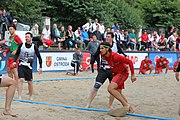 Deutsch: Beachhandball Europameisterschaften 2019 (Beach handball Euro); Tag 3: 4. Juli 2019 – Männer, Hauptrunde Gruppe II, Ungarn-Schweiz 2:0 (26:24, 27:24) English: Beach handball Euro; Day 3: 4 July 2019 – Men Main Round Group II – Hungary-Switzerland 2:0 (26:24, 27:24)