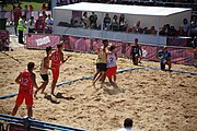 Deutsch: Beachhandball bei den Olympischen Jugendspielen 2018; Tag 4, 10. Oktober 2018; Jungs, Vorrunde, Gruppe B - Italien-Argentinien 1:2 English: Beach handball at the 2018 Summer Youth Olympics at 10 October 2018 – Boys Preliminary Round Group B‎ – Italy-Argentina 1:2