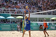 Deutsch: Beachvolleyball bei den Olympischen Jugendspielen 2018; Tag 11, 17. Oktober 2018; Jungen,Finale – Niederlande (Matthew Immers/Yorick de Groot)-Schweden (David Åhman/Jonatan Hellvig) 0:2 (20–22/15–21) English: Beach volleyball at the 2018 Summer Youth Olympics at 17 October 2018 – Final – Netherlands (Matthew Immers/Yorick de Groot)-Sweden (David Åhman/Jonatan Hellvig) 0:2 (20–22/15–21)