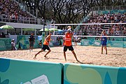 Deutsch: Beachvolleyball bei den Olympischen Jugendspielen 2018; Tag 11, 17. Oktober 2018; Jungen,Finale – Niederlande (Matthew Immers/Yorick de Groot)-Schweden (David Åhman/Jonatan Hellvig) 0:2 (20–22/15–21) English: Beach volleyball at the 2018 Summer Youth Olympics at 17 October 2018 – Final – Netherlands (Matthew Immers/Yorick de Groot)-Sweden (David Åhman/Jonatan Hellvig) 0:2 (20–22/15–21)