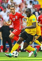 Lukaku (right) playing for Belgium at the 2018 FIFA World Cup Bel-Tun (15).jpg