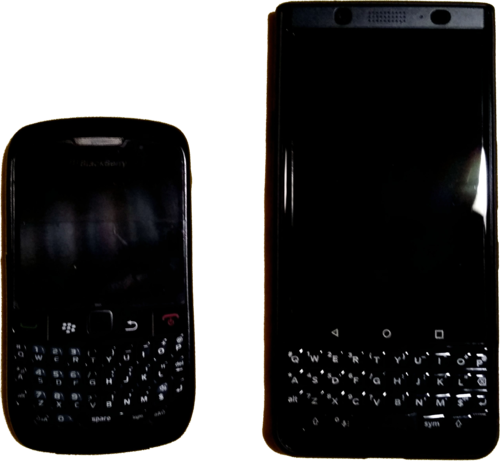 2009 Blackberry Curve with BlackBerry OS 5.0 and 2017 Blackberry KEYone with Android 7.1 "Nougat"