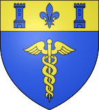Azure, a caduceus or; upon the chief azure, a fleur-de-lis between two towers, all or.