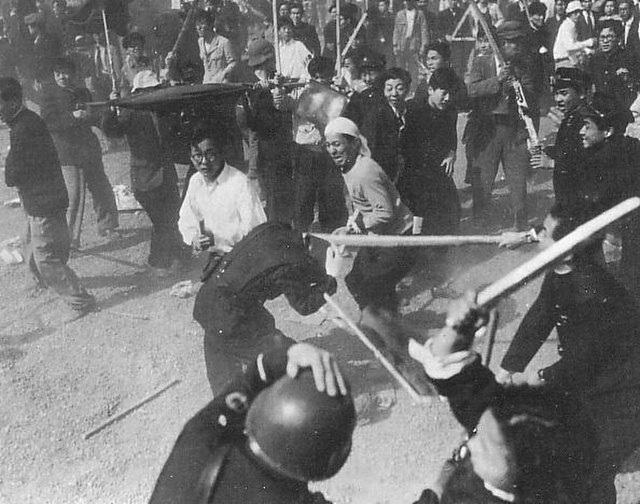 "Bloody May Day": Protesters battle with police in Tokyo on May 1, 1952, in opposition to the continuation of U.S. military bases under the new Securi