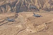 Three 480th EFS F-16CJ Fighting Falcons flying over Israel during Exercise Blue Flag, 2019.