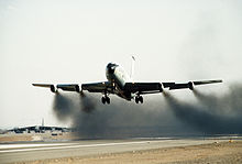 A KC-135A taking off with water injection to its J-57 engines Boeing KC-135 J57 wet takeoff.jpg
