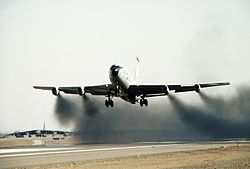 A "wet" takeoff of a KC-135 with J57 engines Boeing KC-135 J57 wet takeoff.jpg