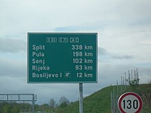 Route confirmation sign in Croatia, displaying a named interchange with symbol Bosiljevo.JPG