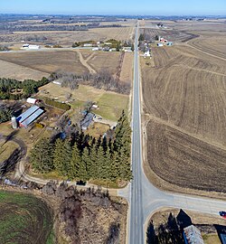 Unincorporated community of Bratsberg with Norway Town Hall pictured in upper left  MN-43 runs through town