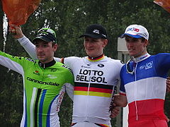 Podium de l'édition 2014 de la Brussels Cycling Classic : Elia Viviani (2e), André Greipel (1er) et Arnaud Démare (3e).