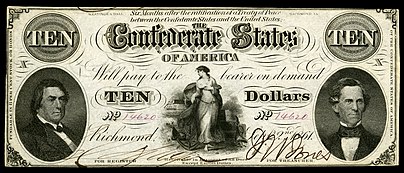 1862 $10 CSA note depicting a vignette of Hope flanked by R.M.T. Hunter (left) and C.G. Memminger (right) CSA-T25-$10-1862.jpg