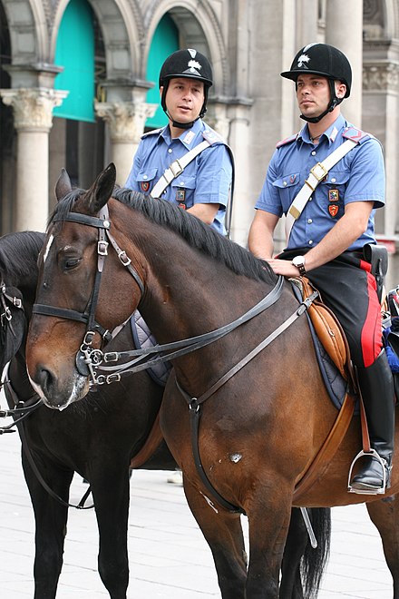 Carabinieri on horseback wearing service uniform for mounted duty; note the riding safety helmet with capbadge and tall boots.