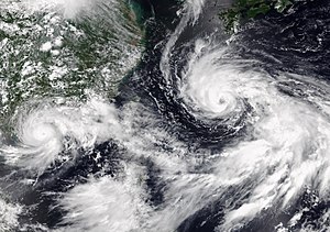 Two simultaneous tropical cyclones on July 20, Typhoon Cempaka (left) and In-fa (right). Cempaka and In-fa - Jul 20, 2021.jpg