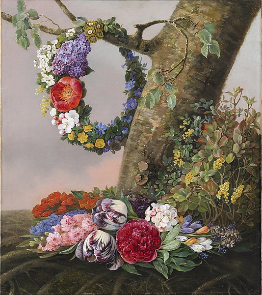 Datei:Christine Løvmand, En buket blomster ved foden af et træ. På en gren hænger en blomsterkrans, 1832, KMS1260, Statens Museum for Kunst.jpg