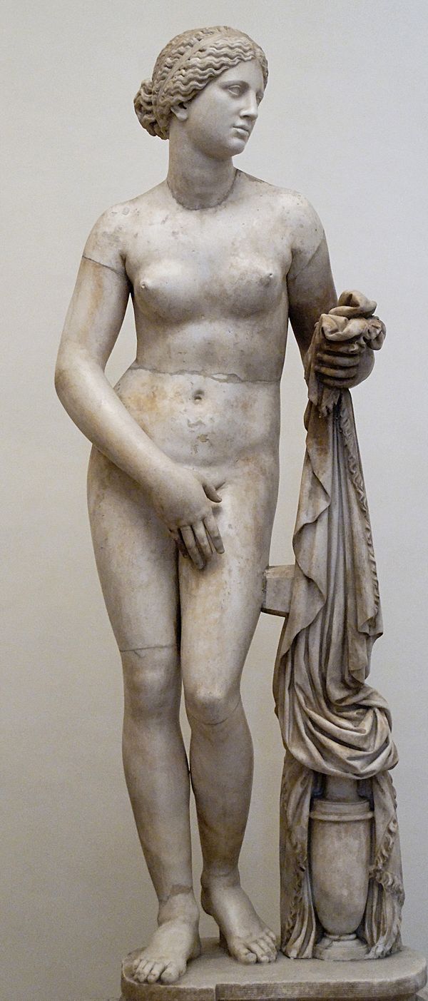 The Ludovisi Cnidian Aphrodite, Roman marble copy (torso and thighs) with restored head, arms, legs and drapery support