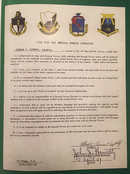 Example of the "Code of the Special Forces Operator", dated 1959. This example pre-dates Delta.