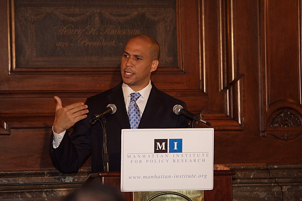 Cory Booker speaks about the City of Newark at a Manhattan Institute event in New York City on May 22, 2008.