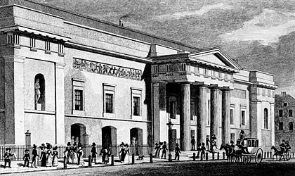 An illustration of the Theatre Royal, Covent Garden, by Thomas H. Shepherd, published in 1827-28. It became known as the Royal Opera House in 1892. Covent Garden Theatre 1827-28.jpg