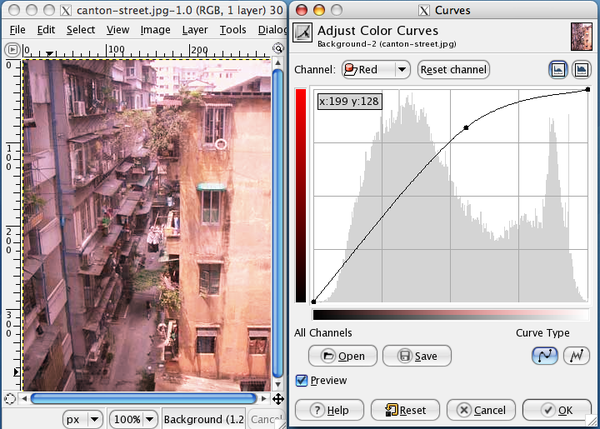 Photo and curve dialog with red colour emphasized in the lighter end of the spectrum. Curves red applied.png