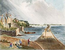 The new railway line and causeway looking northwards from Blackrock. (1834) Area to the left became Blackrock Park and the marsh formed further north D&KR 2.jpeg