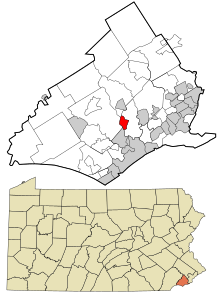 Eingemeindete und nicht rechtsfähige Gebiete im Delaware County Pennsylvania Rose Valley hervorgehoben.svg