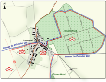 Kleurenkaartafbeelding met stad en bos rechts van de stad.  Toont de belangrijkste toegangswegen en posities van geallieerde en Duitse troepen op 15 juli 1916