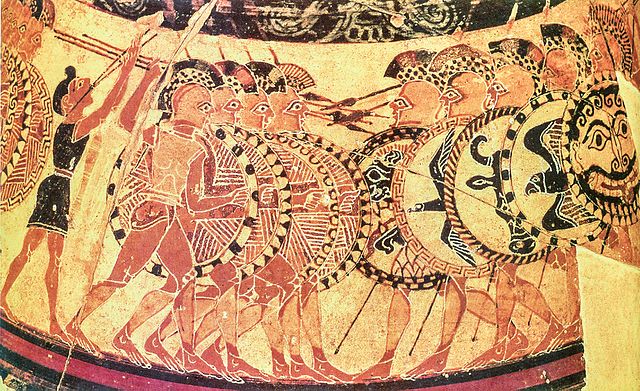 Chigi vase with Hoplites holding javelins and spears