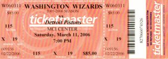 A game ticket from March 2006 between the Detroit Pistons and the Washington Wizards.