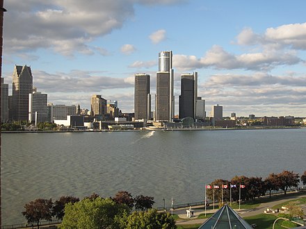 The Detroit skyline across the Detroit River from Windsor.