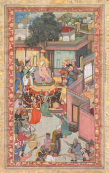 Ceremony for Arkbar's sons ca.1551-1602. Dancing women with Kalpak/Boqta hats, Jama/Peshwaj style robes, and veils. Dharam Das - Circumcision ceremony for Akbar's sons, painting 126 from an Akbar-nama - 1971.76 - Cleveland Museum of Art.tiff