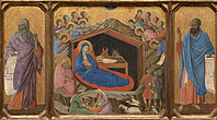 The Nativity with the Prophets Isaiah and Ezekiel tempera on panel medium QS:P186,Q175166;P186,Q106857709,P518,Q861259 . 48 × 87 cm (18.8 × 34.2 in). Washington, D.C.. National Gallery of Art.