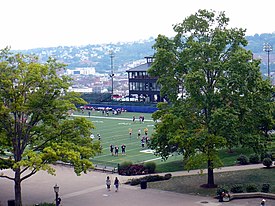 Beard Press Box and new Stands and Turf, 2008. DuquesneRooneyFieldTrees.JPG